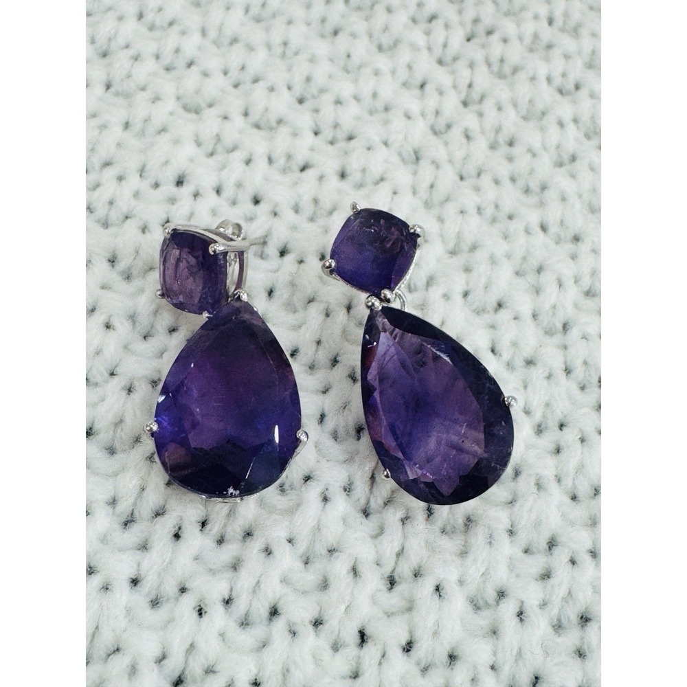 DSMK 925 Sterling Silver Faceted Purple Amethyst Teardrop Dangle Earrings